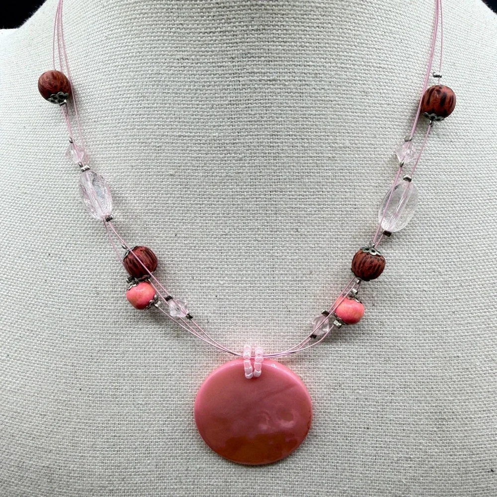 Pink Shell Disc Pendant Beaded Necklace Boho Statement Cottagecore Festival Gift